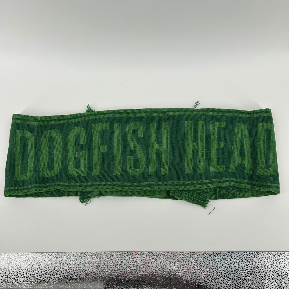 Dogfish Head Craft Brewery Green Knit Soccer Scarf Fringe Shark Winter Cozy NWOT